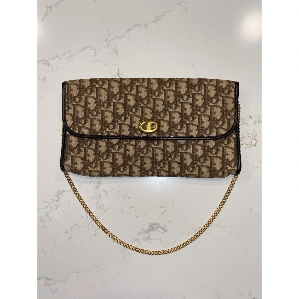 Dior Monogram Trotter Beige Brown Clutch Bag Gold Chain Shoulder Bag